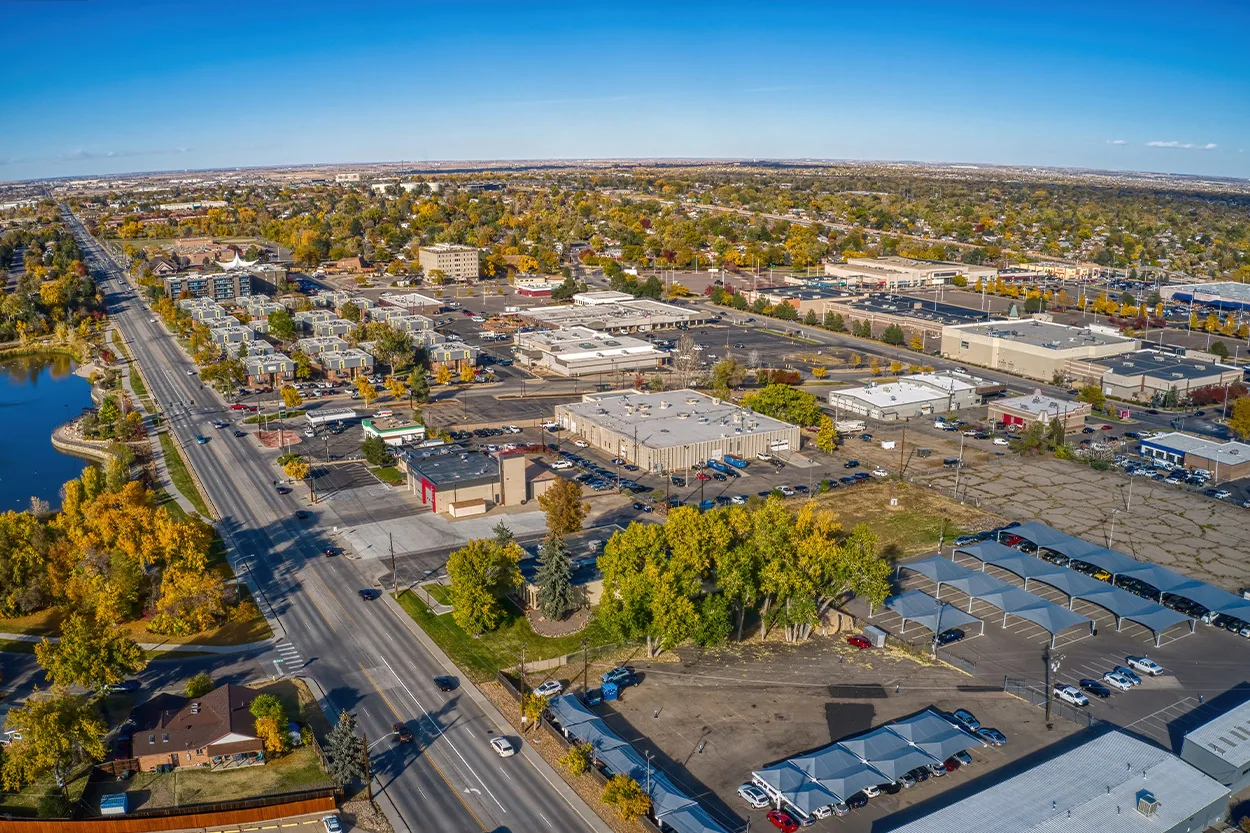 Commercial buildings in Thornton from above