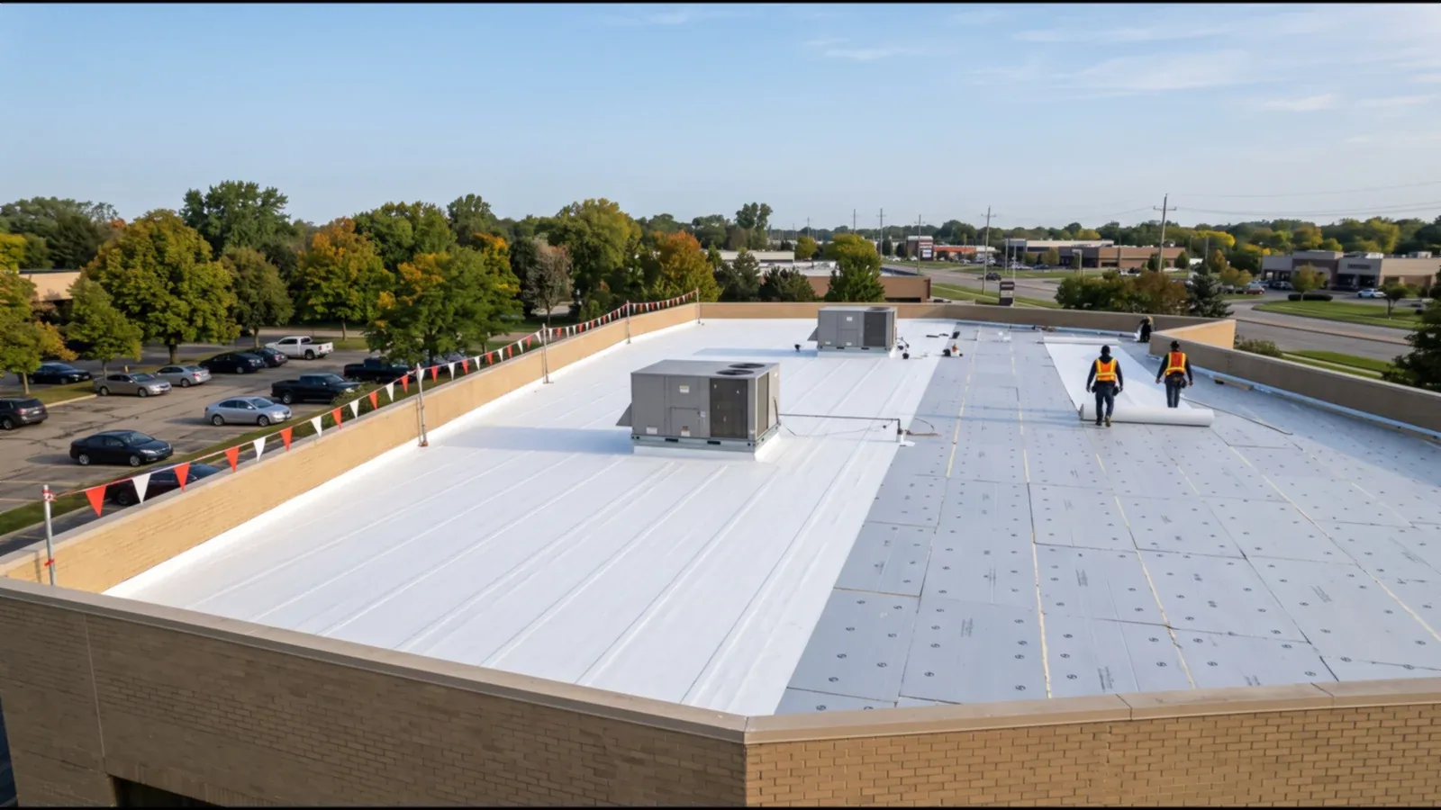 Roofers on a white membrane roof